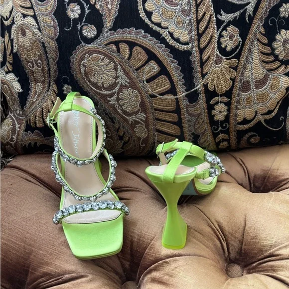 Bright Lime Crystal-Embellished High Heel Sandals by Betsey Johnson. - Picture 4 of 8